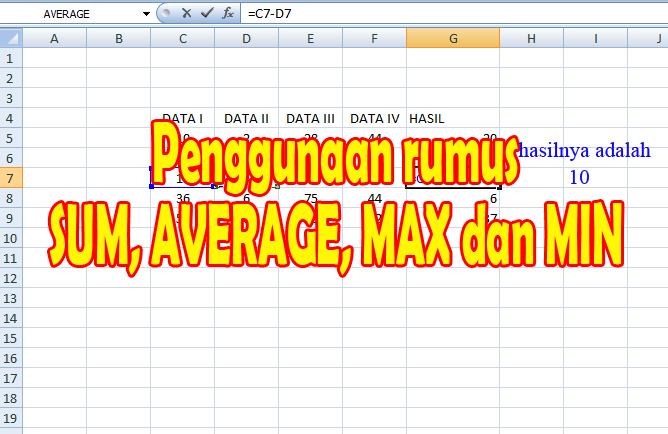 pengurangan pada microsfot excel