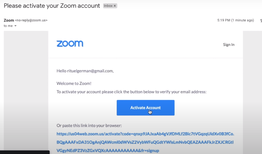 Validasi akun zoom di email