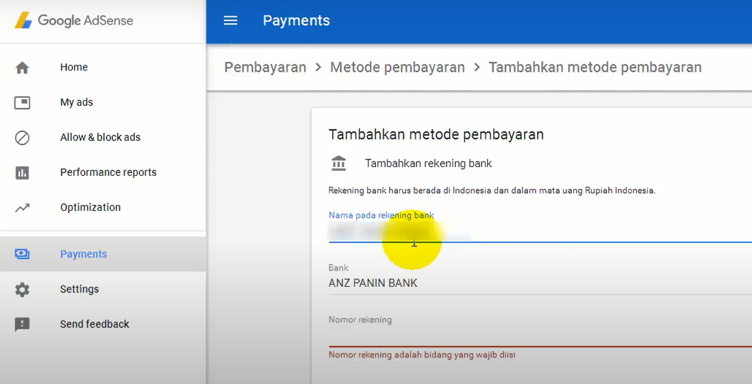 Cara verifikasi rekening bank di adsense